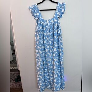 A New Day Aline Flutter Sleeve Light Blue Floral Linen Blend Dress